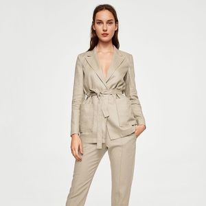 New! Mango Belt Linen Blazer Natural Sz XS